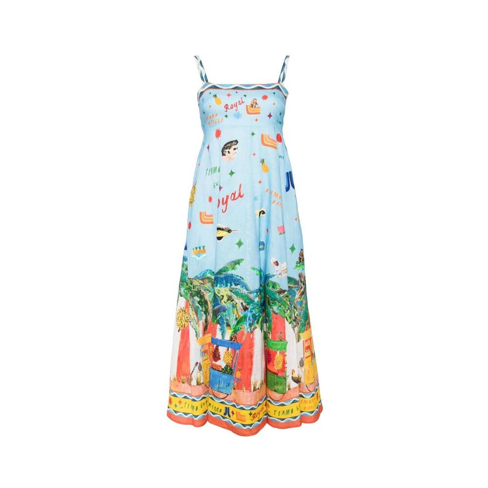 NEW ALEMAIS teamo supremo midi dress in blue multi - Picture 5 of 5